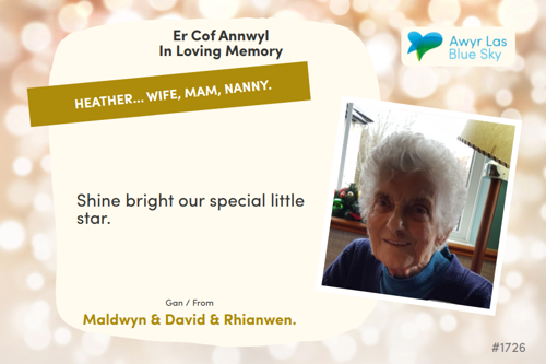 Awyr Las Dedicate a Light - HEATHER... wife, Mam, nanny.