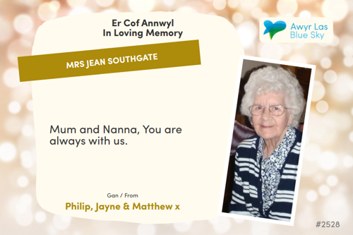 Awyr Las Dedicate a Light - Mrs Jean Southgate